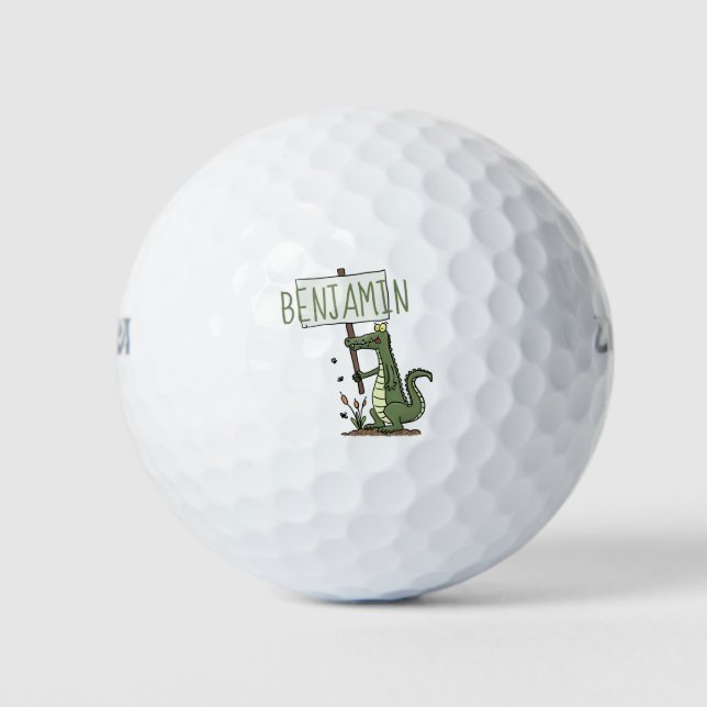 Funny crocodile aligator with sign cartoon golf balls (Front)