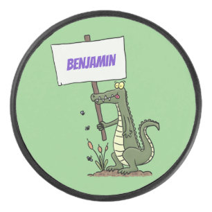 Funny crocodile aligator with sign cartoon hockey puck