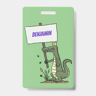 Funny crocodile aligator with sign cartoon ID badge