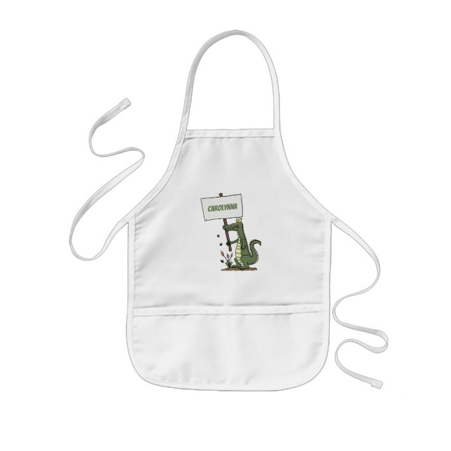 Funny crocodile aligator with sign cartoon kids apron (Front)
