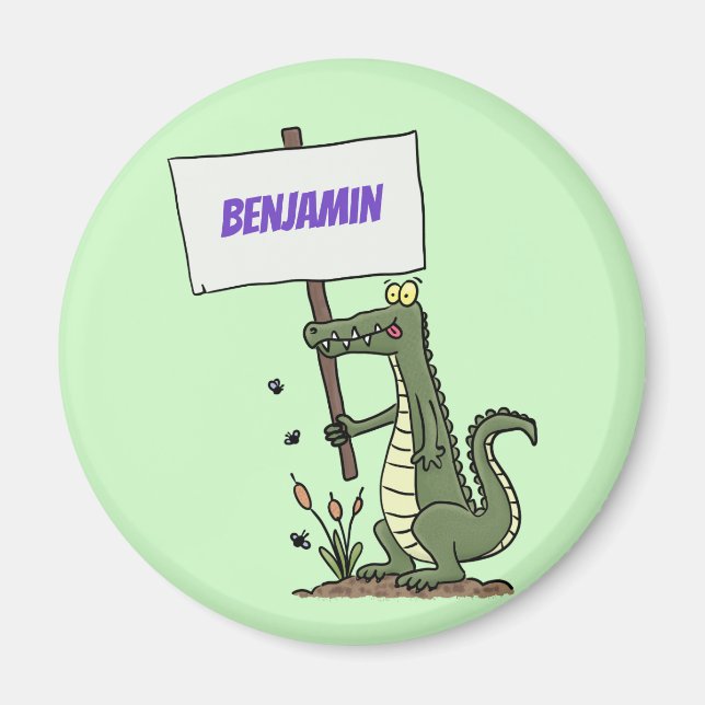 Funny crocodile aligator with sign cartoon magnet (Front)