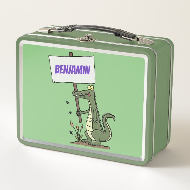 Funny crocodile aligator with sign cartoon metal lunch box (Front)