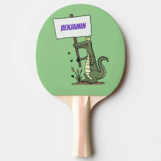 Funny crocodile aligator with sign cartoon ping pong paddle (Front)