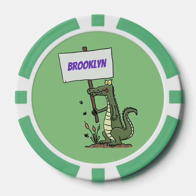 Funny crocodile aligator with sign cartoon poker chips (Front)