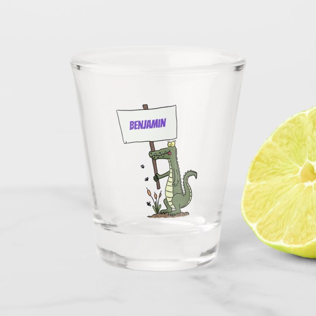 Funny crocodile aligator with sign cartoon shot glass (Front)