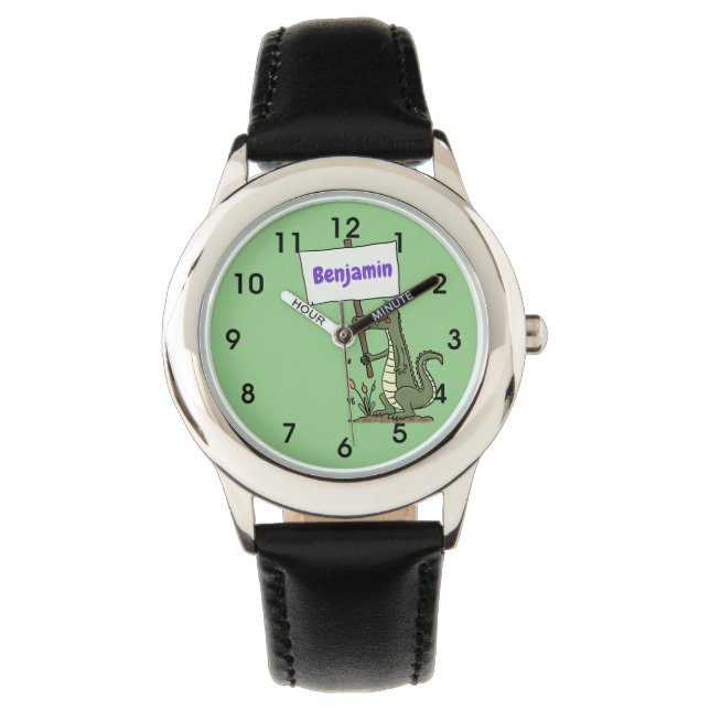 Funny crocodile aligator with sign cartoon watch (Front)