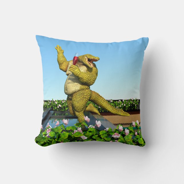 Funny Crocodile Champagne Pool Party Art Cushion (Front)