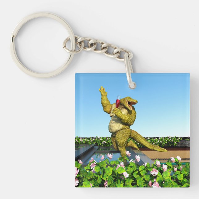 Funny Crocodile Champagne Pool Party Art Key Ring (Front)