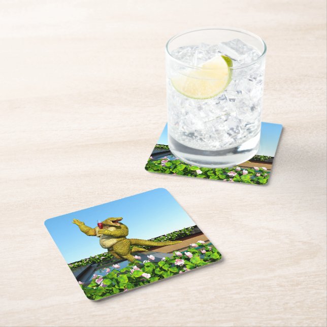 Funny Crocodile Champagne Pool Party Art Square Paper Coaster (Insitu)