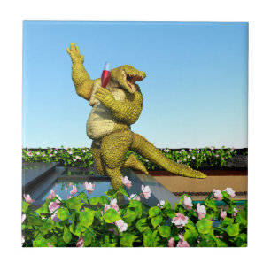 Funny Crocodile Champagne Pool Party Art Tile