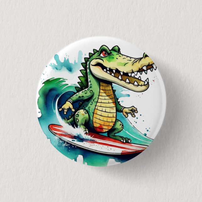 Funny crocodile surfing 3 cm round badge (Front)