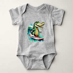 Funny crocodile surfing baby bodysuit