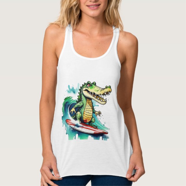 Funny crocodile surfing T-Shirt Singlet (Front)