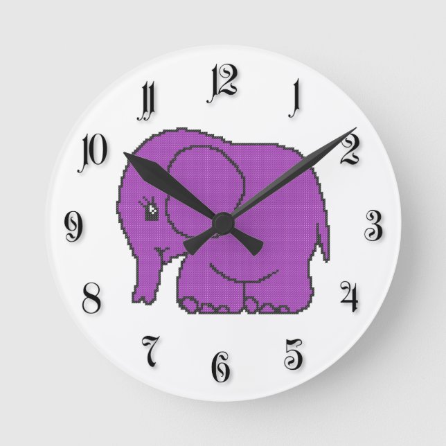 Funny cross-stitch purple elephant round clock (Front)