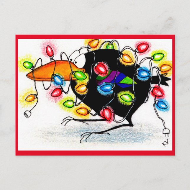 Funny Crow Winter Christmas lights postcard (Front)
