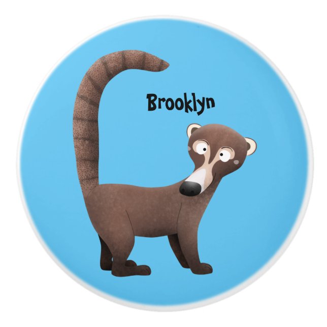Funny curious coatimundi cartoon illustration  ceramic knob (Front)