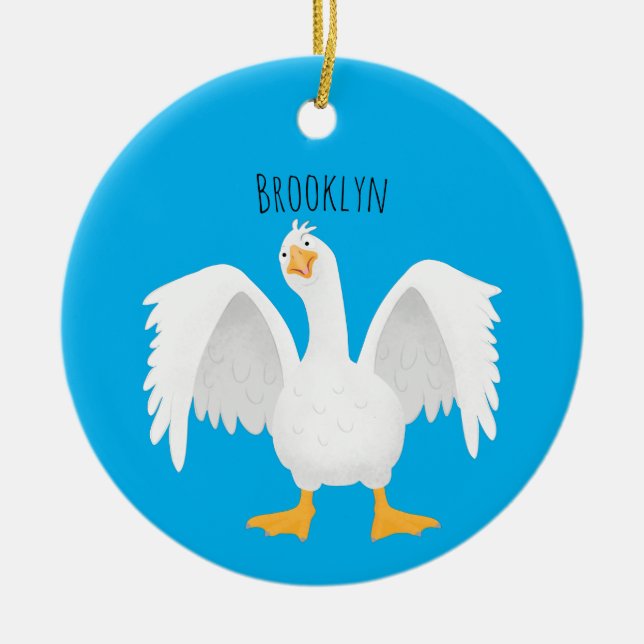 Funny curious domestic goose cartoon illustration  ceramic tree decoration (Front)