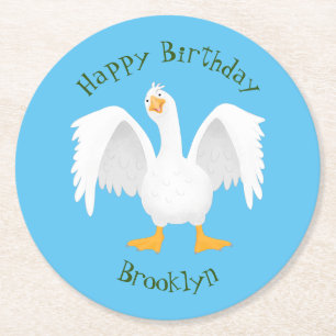 Funny curious domestic goose cartoon illustration round paper coaster
