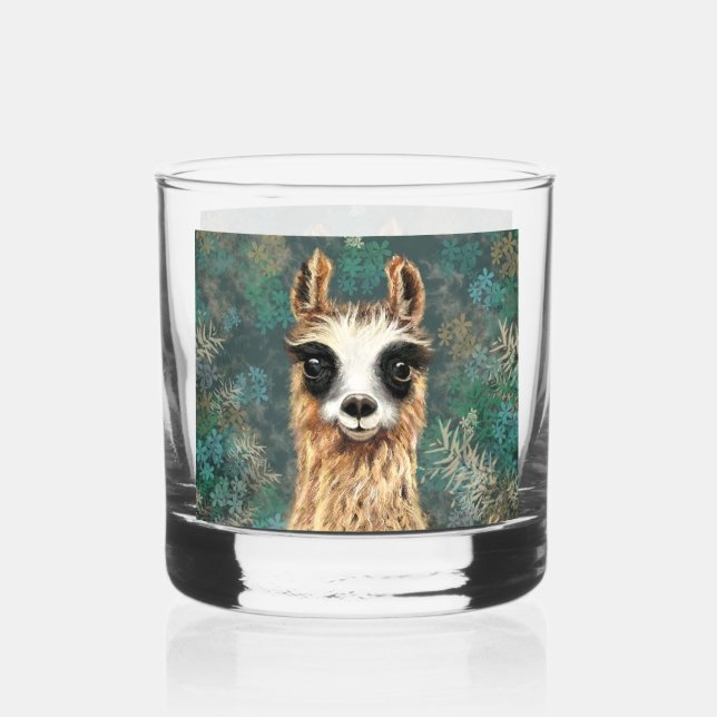 Funny Curious Llama Whiskey Glass (Back)