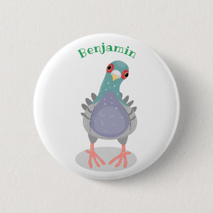 Funny curious pigeon cartoon illustration 6 cm round badge