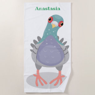 Funny curious pigeon cartoon illustration beach towel