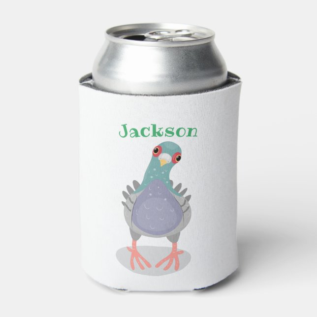 Funny curious pigeon cartoon illustration can cooler (Can Front)