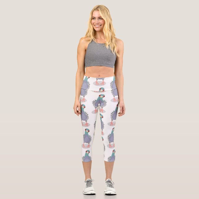 Funny curious pigeon cartoon illustration capri leggings (Front)