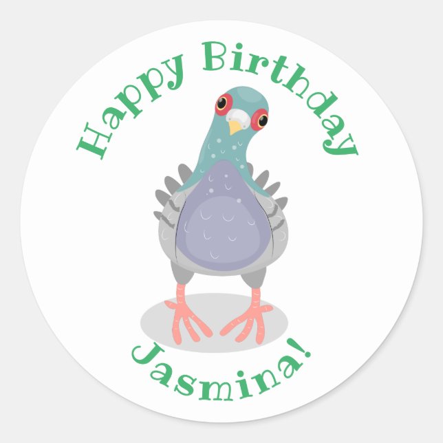 Funny curious pigeon cartoon illustration classic round sticker (Front)
