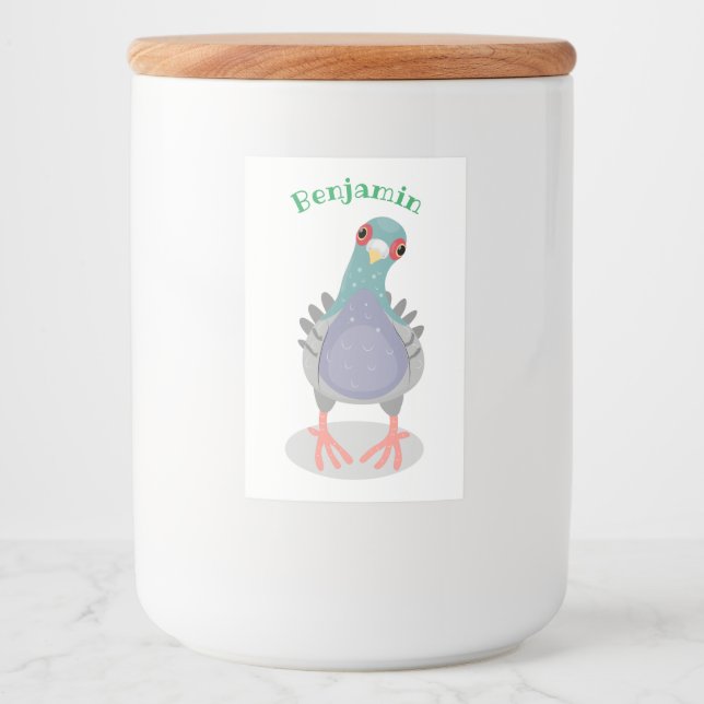 Funny curious pigeon cartoon illustration food label (Front)