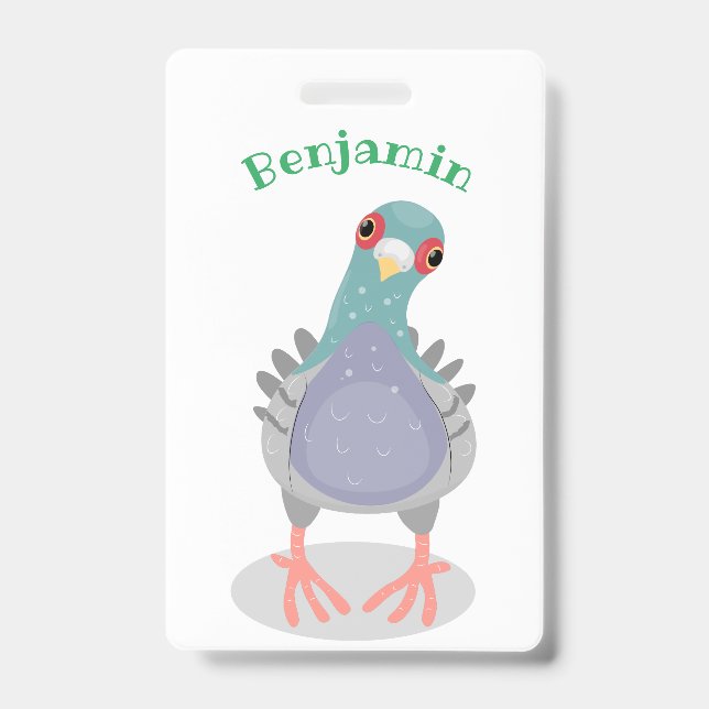 Funny curious pigeon cartoon illustration ID badge (Front)