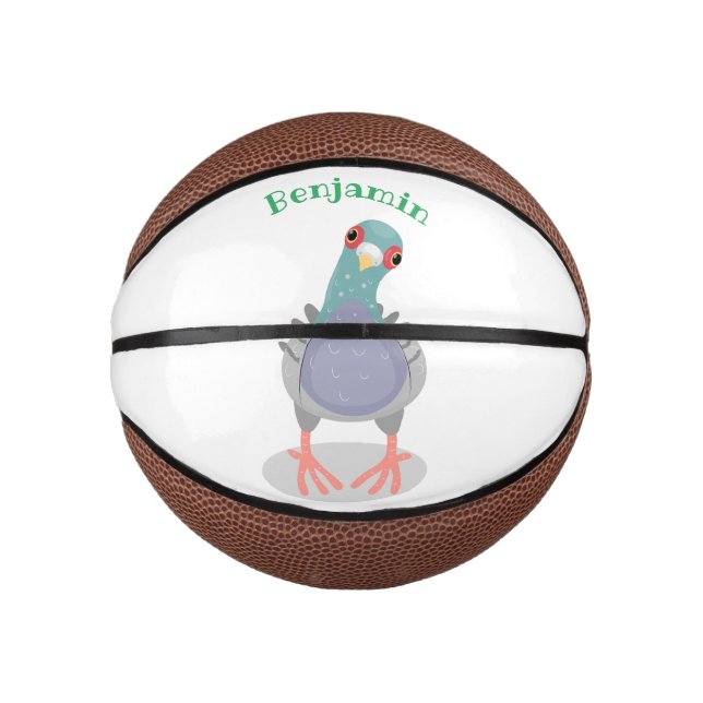 Funny curious pigeon cartoon illustration mini basketball (Front)