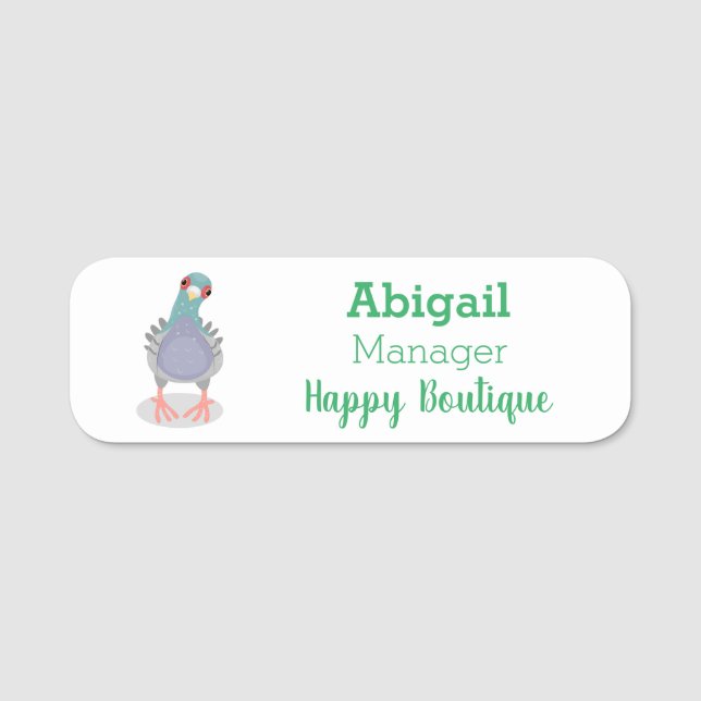 Funny curious pigeon cartoon illustration name tag (Front)