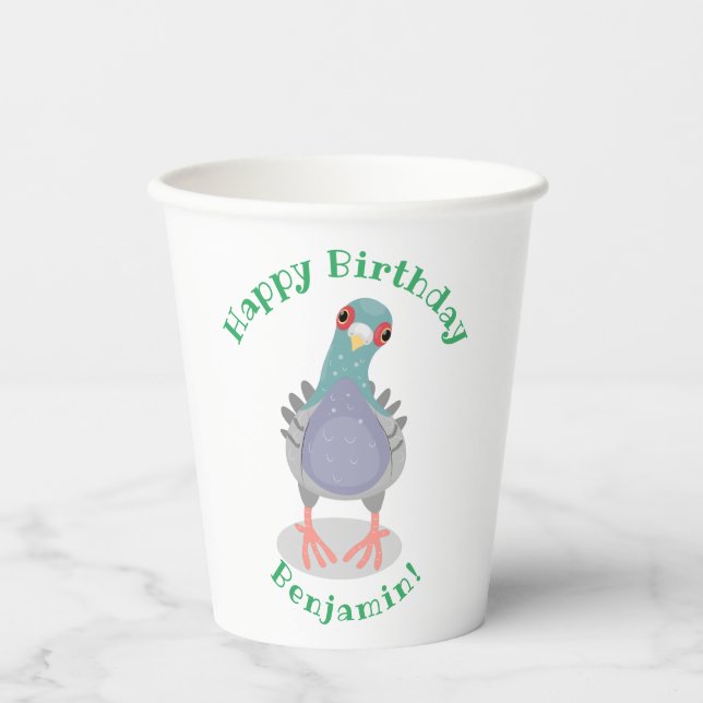 Funny curious pigeon cartoon illustration paper cups (Front)