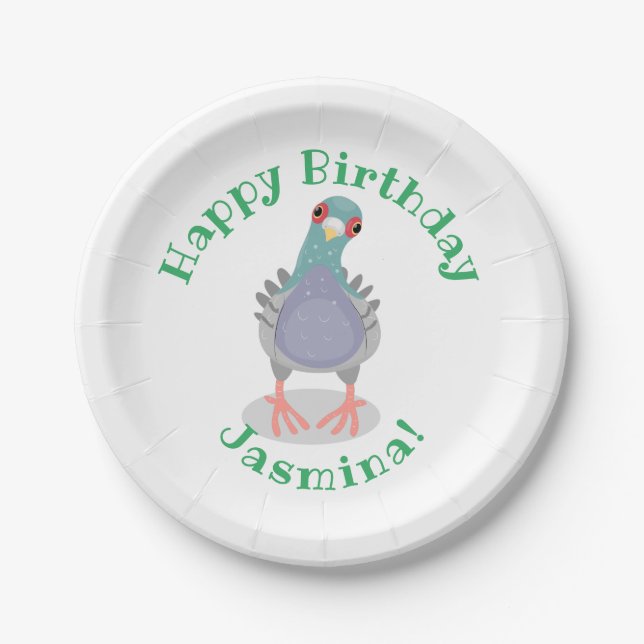Funny curious pigeon cartoon illustration paper plate (Front)
