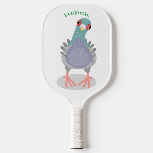 Funny curious pigeon cartoon illustration  pickleball paddle (Front)