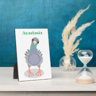 Funny curious pigeon cartoon illustration plaque
