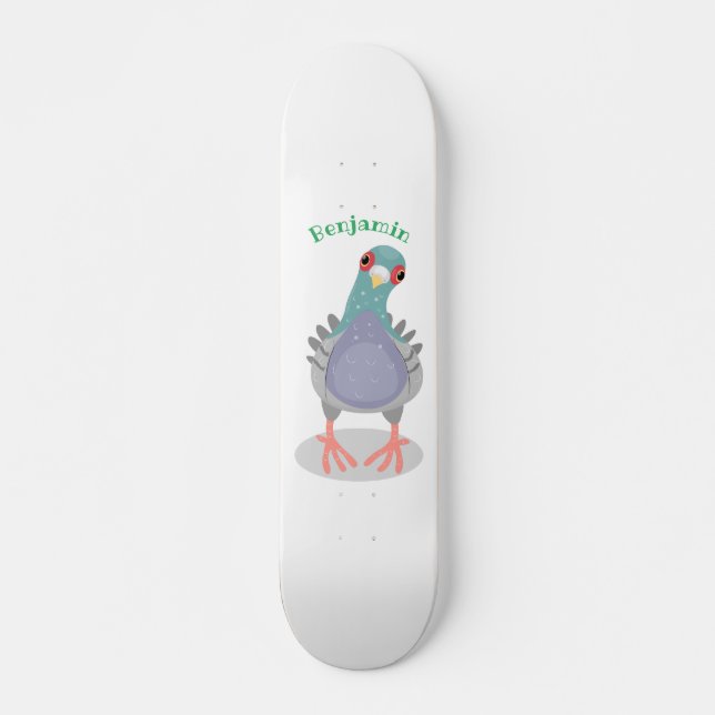 Funny curious pigeon cartoon illustration  skateboard (Front)