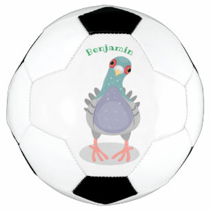 Funny curious pigeon cartoon illustration soccer ball