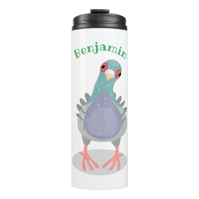 Funny curious pigeon cartoon illustration thermal tumbler (Front)