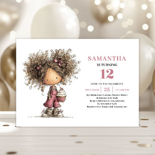 Funny Curly Girl Birthday Invitation Dusty Pink