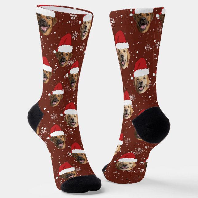 Funny Custom 3 Dog Faces Christmas Santa Hats Socks (Angled)