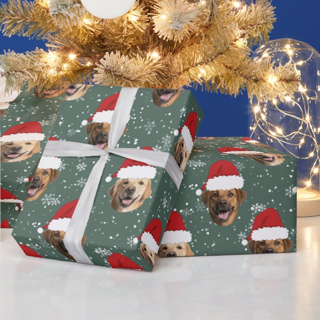 Funny Custom 3 Dog Faces Christmas Santa Hats Wrapping Paper (Holidays)
