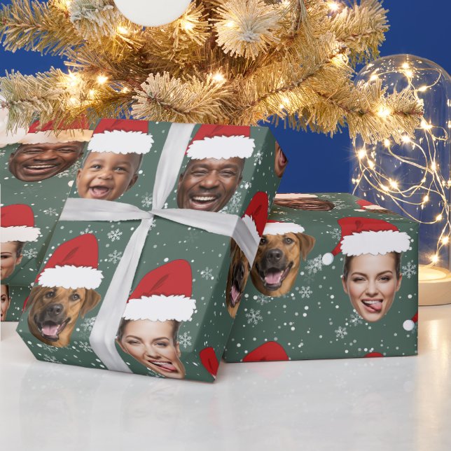 Funny Custom 4 Faces Christmas Santa Hats Wrapping Paper (Holidays)