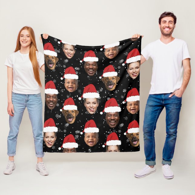 Funny Custom 4 Faces Photo Christmas Santa Hats Fleece Blanket (In Situ)