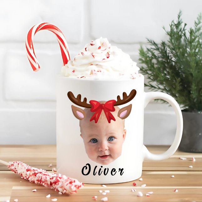 Funny Custom Baby Face Photo Christmas Reindeer Coffee Mug (Creator Uploaded)