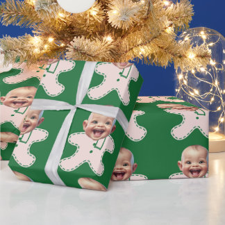 Funny Custom Baby Face Photo Gingerbread Christmas Wrapping Paper