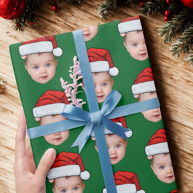 Funny Custom Baby Face Photo Santa Head Xmas Green Wrapping Paper (Creator Uploaded)