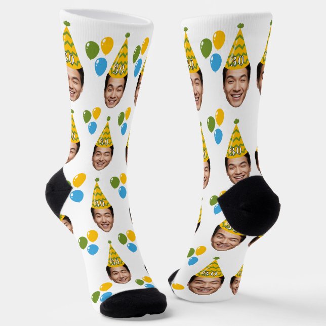 Funny Custom Birthday Face with Party Hat Socks (Angled)