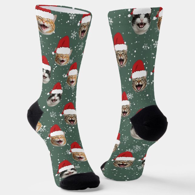Funny Custom Cat Faces Christmas Santa Hats Socks (Angled)