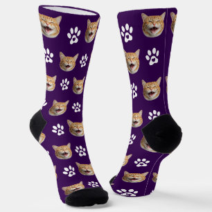 Funny Custom Cat Photo with Paw Pattern Purple Socks